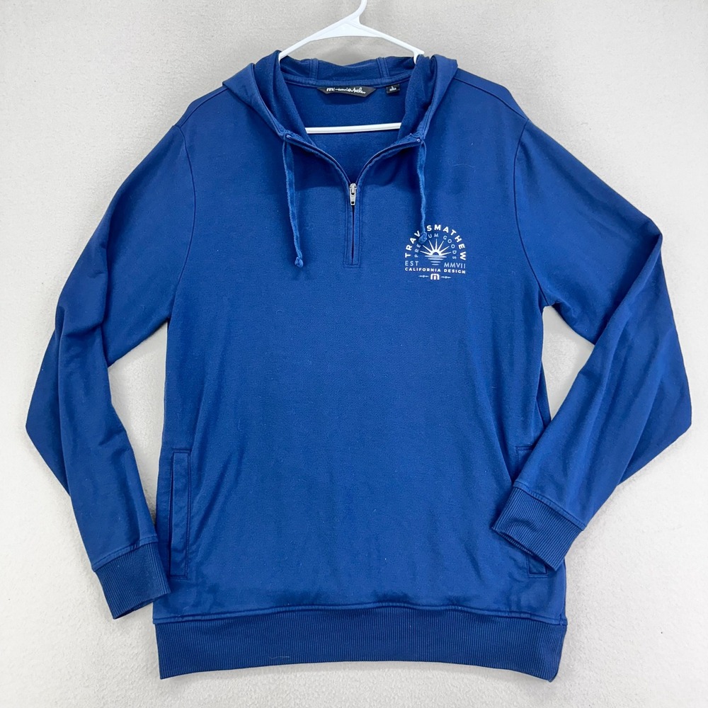 Travis Mathew Whale Shark Hoodie Mens Large Navy Blue Half Zip Graphic Pullover